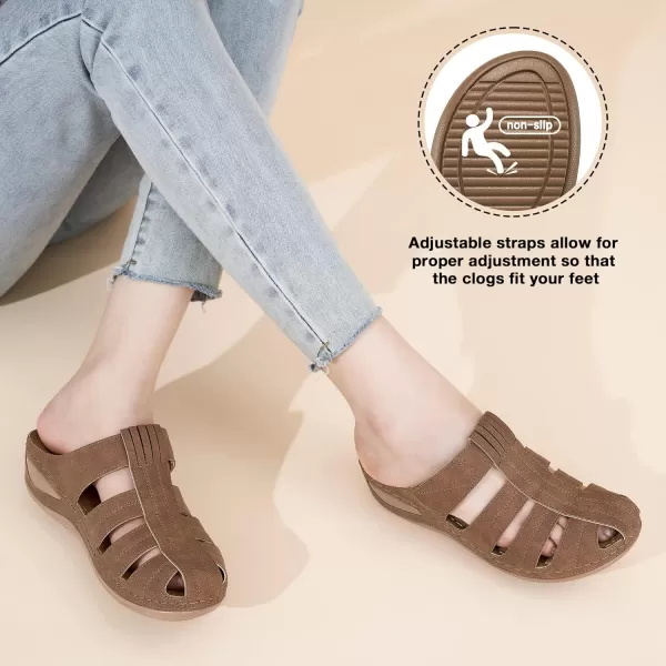 Ecetana Clogs for Women Comfortable Slip On Mules Adjustable Casual Summer Wedge Sandals Breathable Outdoor Walking Shoes Brown