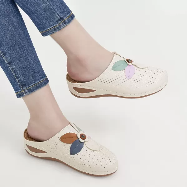 Ecetana Clogs for Women Shoes Slip on Leather Mules Sneakers Casual Summer Wedge Sandals Comfortable Travel Clogs Indoor Outdoor Mules Apricot