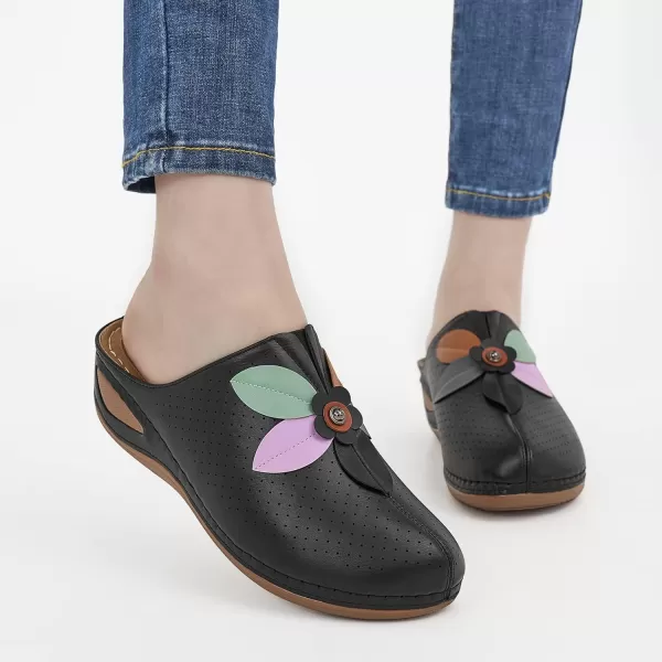Ecetana Clogs for Women Shoes Slip on Leather Mules Sneakers Casual Summer Wedge Sandals Comfortable Travel Clogs Indoor Outdoor Mules Black