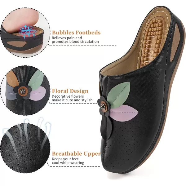Ecetana Clogs for Women Shoes Slip on Leather Mules Sneakers Casual Summer Wedge Sandals Comfortable Travel Clogs Indoor Outdoor Mules Black