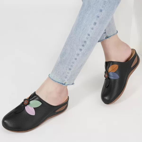 Ecetana Clogs for Women Shoes Slip on Leather Mules Sneakers Casual Summer Wedge Sandals Comfortable Travel Clogs Indoor Outdoor Mules Black