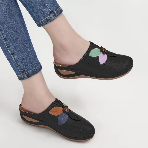 Ecetana Clogs for Women Shoes Slip on Leather Mules Sneakers Casual Summer Wedge Sandals Comfortable Travel Clogs Indoor Outdoor Mules Black