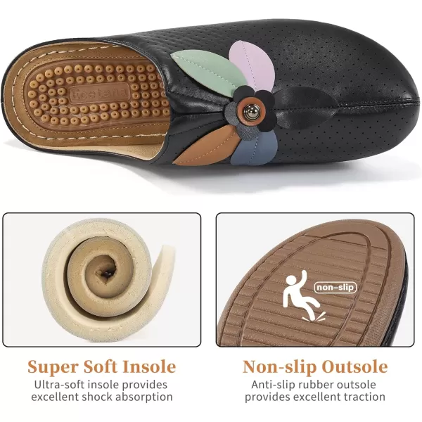 Ecetana Clogs for Women Shoes Slip on Leather Mules Sneakers Casual Summer Wedge Sandals Comfortable Travel Clogs Indoor Outdoor Mules Black