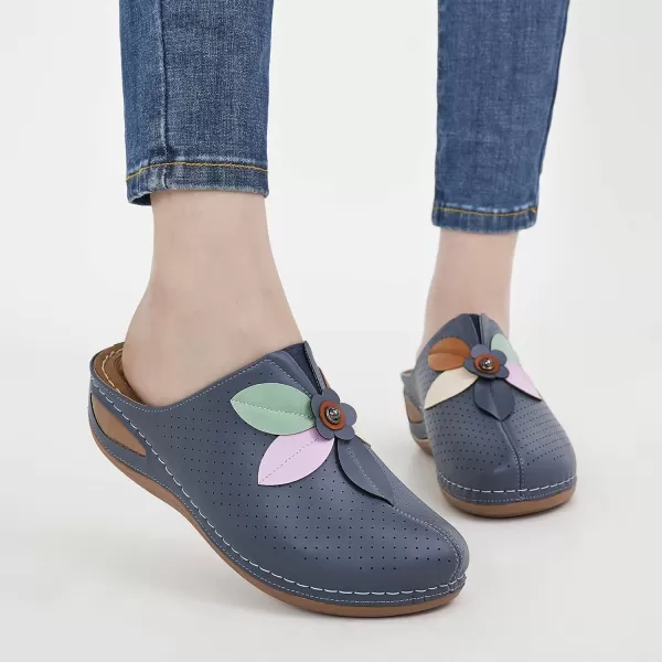 Ecetana Clogs for Women Shoes Slip on Leather Mules Sneakers Casual Summer Wedge Sandals Comfortable Travel Clogs Indoor Outdoor Mules Blue