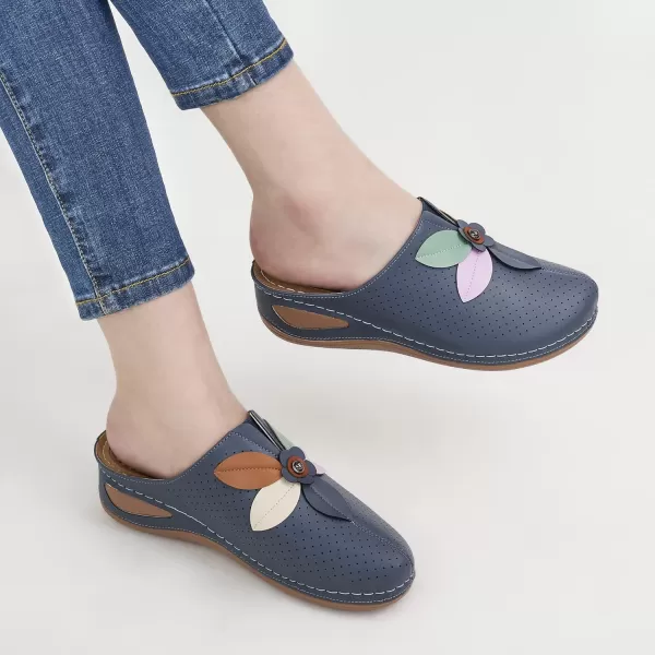 Ecetana Clogs for Women Shoes Slip on Leather Mules Sneakers Casual Summer Wedge Sandals Comfortable Travel Clogs Indoor Outdoor Mules Blue