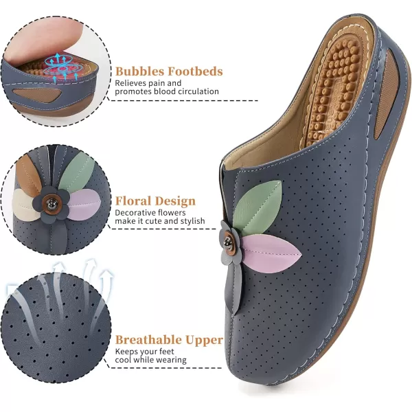 Ecetana Clogs for Women Shoes Slip on Leather Mules Sneakers Casual Summer Wedge Sandals Comfortable Travel Clogs Indoor Outdoor Mules Blue