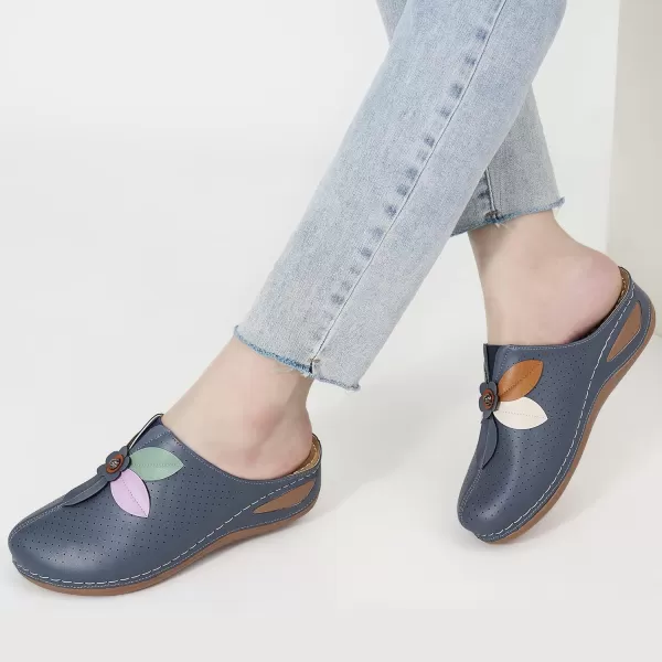 Ecetana Clogs for Women Shoes Slip on Leather Mules Sneakers Casual Summer Wedge Sandals Comfortable Travel Clogs Indoor Outdoor Mules Blue