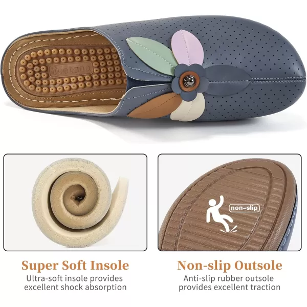 Ecetana Clogs for Women Shoes Slip on Leather Mules Sneakers Casual Summer Wedge Sandals Comfortable Travel Clogs Indoor Outdoor Mules Blue