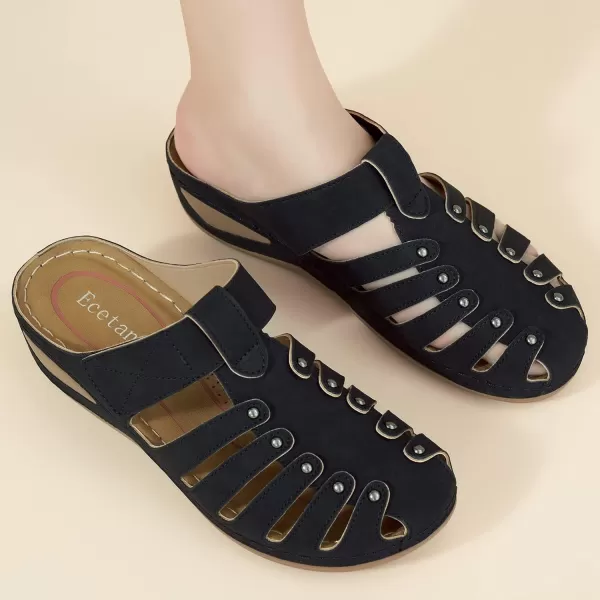 Ecetana Womens Clogs Slip On Summer Mules Adjustable Comfy Wedge Sandals Close Toe Outdoor Walking Clogs Shoes for Women Black