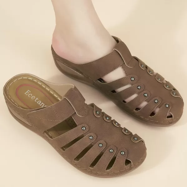 Ecetana Womens Clogs Slip On Summer Mules Adjustable Comfy Wedge Sandals Close Toe Outdoor Walking Clogs Shoes for Women Brown