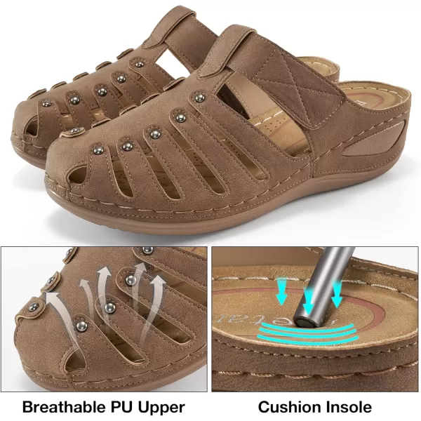 Ecetana Womens Clogs Slip On Summer Mules Adjustable Comfy Wedge Sandals Close Toe Outdoor Walking Clogs Shoes for Women Brown