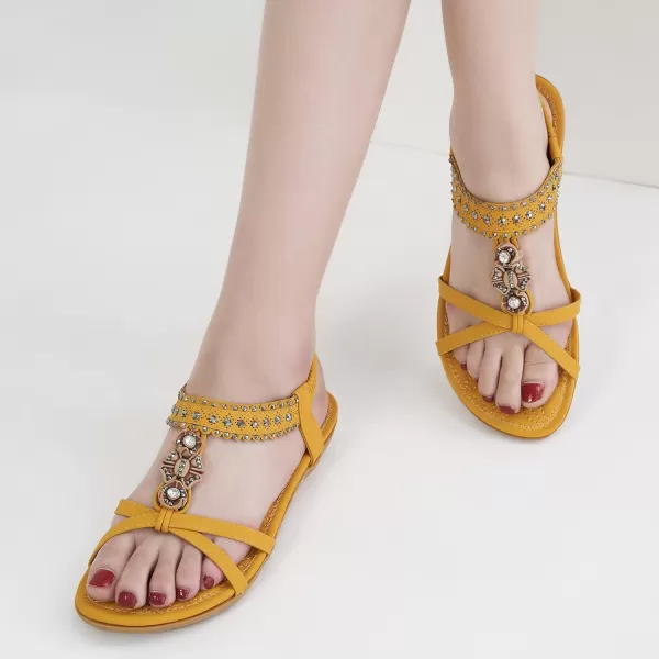 Ecetana Womens Flats Sandals Summer: Casual Dressy Boho Comfortable Sandals Ankle Strap Non slip Rhinestone Shoes