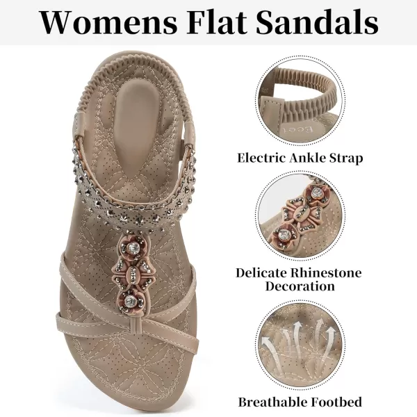 Ecetana Womens Flats Sandals Summer: Casual Dressy Boho Comfortable Sandals Ankle Strap Non slip Rhinestone Shoes