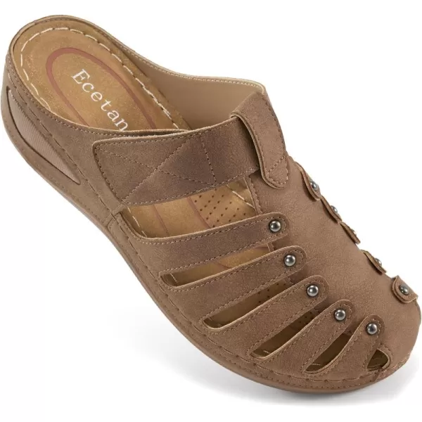 Ecetana Womens Clogs Slip On Summer Mules Adjustable Comfy Wedge Sandals Close Toe Outdoor Walking Clogs Shoes for Women Brown