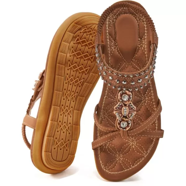 Ecetana Womens Flats Sandals Summer: Casual Dressy Boho Comfortable Sandals Ankle Strap Non slip Rhinestone Shoes
