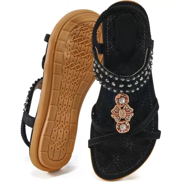 Ecetana Womens Flats Sandals Summer: Casual Dressy Boho Comfortable Sandals Ankle Strap Non slip Rhinestone Shoes