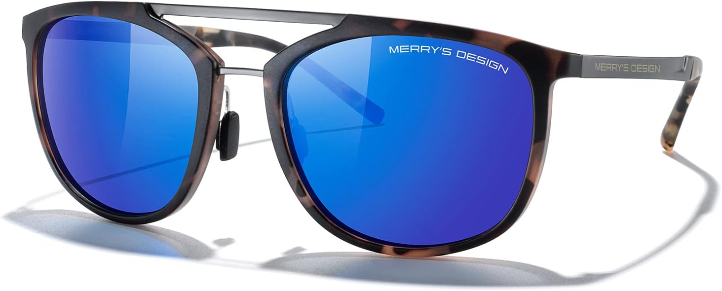 MERRYS Square Polarized Sunglasses for Men Women Vintage Double Bridge Sunglasses Mirrored LensTortoise FrameGray BridgeBlue Mirror Lens