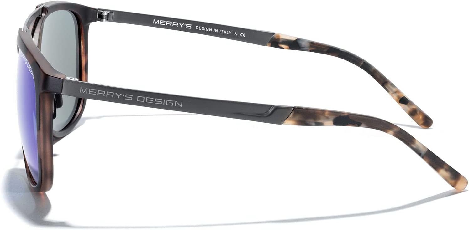 MERRYS Square Polarized Sunglasses for Men Women Vintage Double Bridge Sunglasses Mirrored LensTortoise FrameGray BridgeBlue Mirror Lens