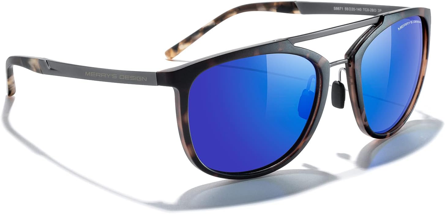 MERRYS Square Polarized Sunglasses for Men Women Vintage Double Bridge Sunglasses Mirrored LensTortoise FrameGray BridgeBlue Mirror Lens