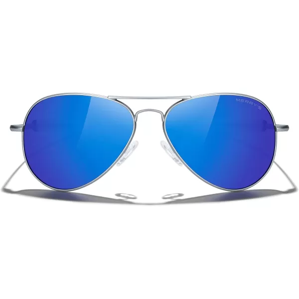 MERRYS Classic Aviator Military Polarized Sunglasses for Men or Women S8562Matte Chrome FrameDark Blue Mirror Polarized Lens