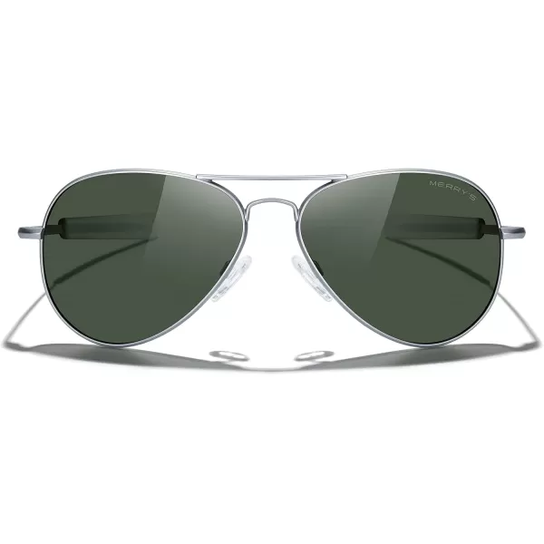 MERRYS Classic Aviator Military Polarized Sunglasses for Men or Women S8562Matte Chrome FrameGreen Polarized Lens