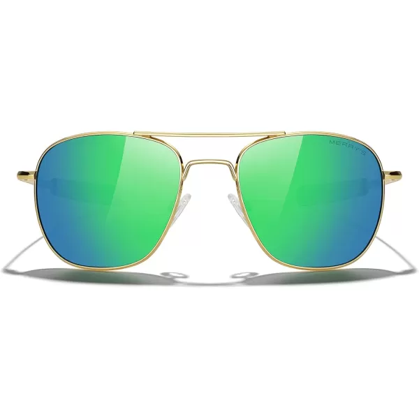 MERRYS Classic Square Aviator Military Polarized Sunglasses for Men or Women S863623k Gold FrameGreen Mirror Polarized Lens