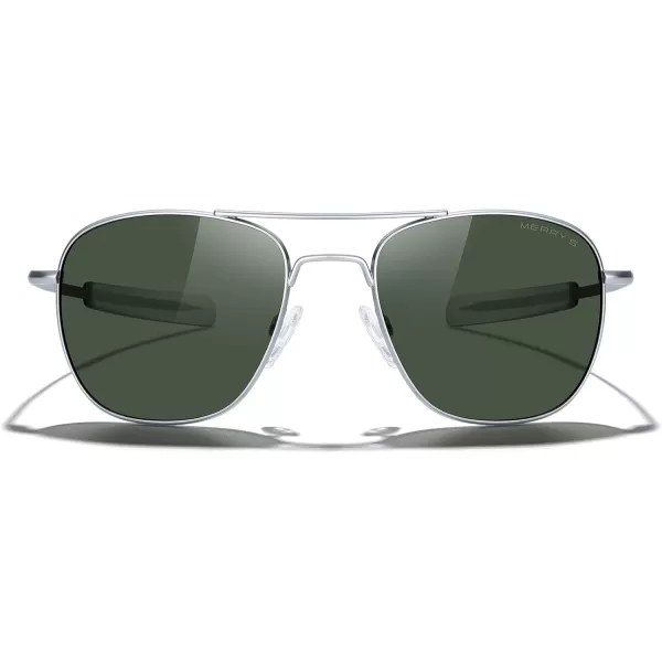 MERRYS Classic Square Aviator Military Polarized Sunglasses for Men or Women S8636Matte Chrome FrameGreen Polarized Lens