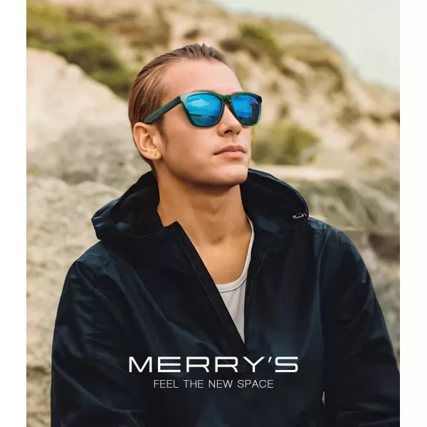 MERRYS Classic Square Polarized Sunglasses For Men Women Fashion Trend Sports Sunglasses S9013Transparent Green FrameBlue Mirror Polarized Lens