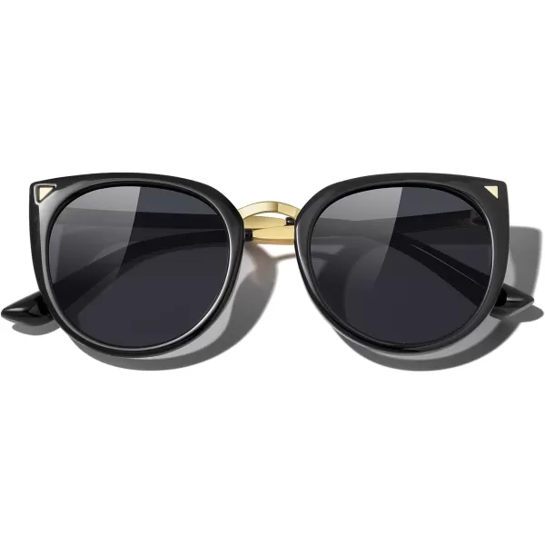 MERRYS Girls Cat Eye Sunglasses for kids Children Polarized Sunglasses S7001Black FrameGold MetalBlack Lens
