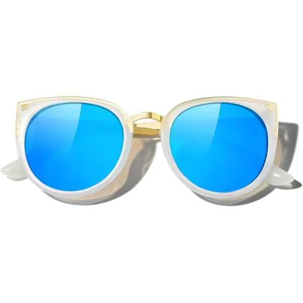MERRYS Girls Cat Eye Sunglasses for kids Children Polarized Sunglasses S7001Tra Blue FrameGold MetalBlue Mirror Lens