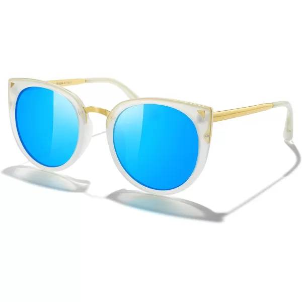 MERRYS Girls Cat Eye Sunglasses for kids Children Polarized Sunglasses S7001Tra Blue FrameGold MetalBlue Mirror Lens