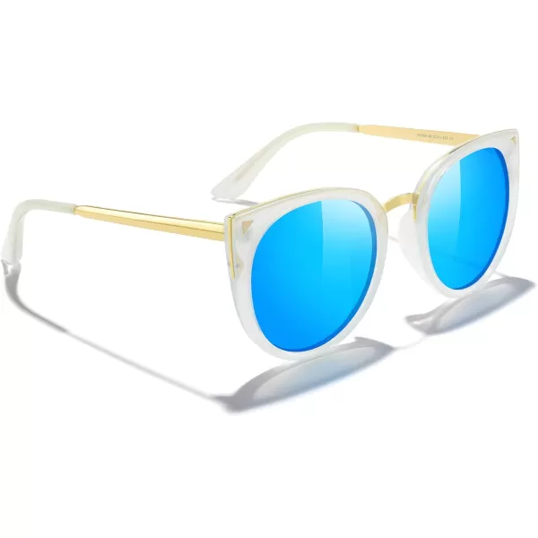 MERRYS Girls Cat Eye Sunglasses for kids Children Polarized Sunglasses S7001Tra Blue FrameGold MetalBlue Mirror Lens