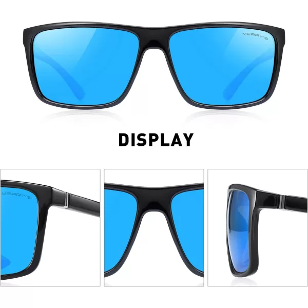 MERRYS Rectangular Polarized Sports Sunglasses for Men Women Cycling Driving Fishing UV400 Protection S8225Black FrameGray MetalBlue Mirror Lens