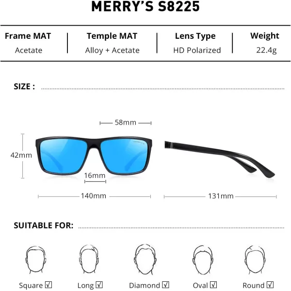 MERRYS Rectangular Polarized Sports Sunglasses for Men Women Cycling Driving Fishing UV400 Protection S8225Black FrameGray MetalBlue Mirror Lens