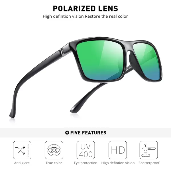MERRYS Rectangular Polarized Sports Sunglasses for Men Women Cycling Driving Fishing UV400 Protection S8225Black FrameGray MetalGreen Mirror Lens
