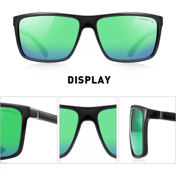 MERRYS Rectangular Polarized Sports Sunglasses for Men Women Cycling Driving Fishing UV400 Protection S8225Black FrameGray MetalGreen Mirror Lens
