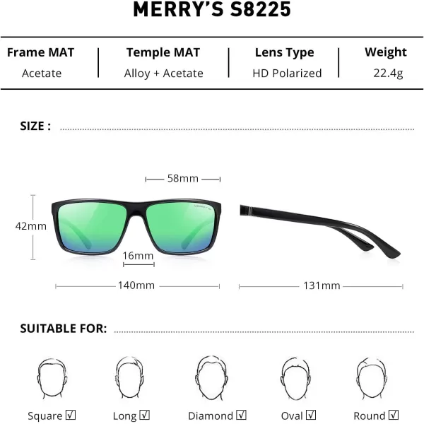 MERRYS Rectangular Polarized Sports Sunglasses for Men Women Cycling Driving Fishing UV400 Protection S8225Black FrameGray MetalGreen Mirror Lens
