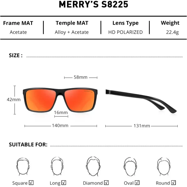 MERRYS Rectangular Polarized Sports Sunglasses for Men Women Cycling Driving Fishing UV400 Protection S8225Black FrameGray MetalRed Mirror Lens
