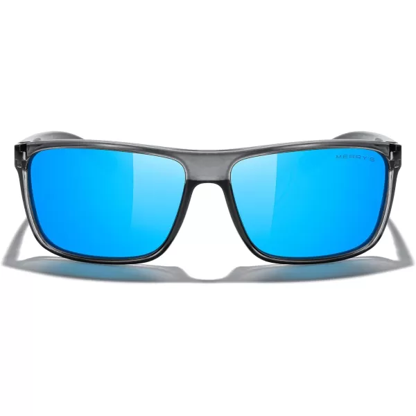MERRYS Rectangular Polarized Sports Sunglasses for Men Women Cycling Driving Fishing UV400 Protection S8225Bright Tra Gray FrameGray MetalBlue Mirror Lens