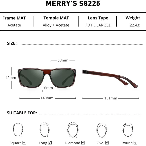 MERRYS Rectangular Polarized Sports Sunglasses for Men Women Cycling Driving Fishing UV400 Protection S8225Brown FrameBrown MetalG15 Lens