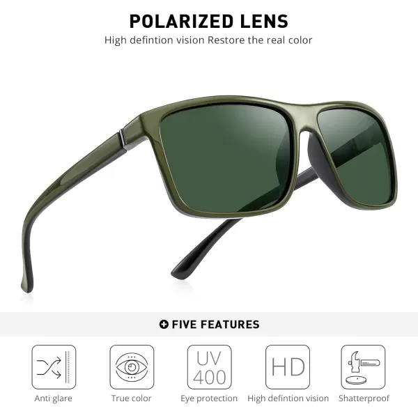 MERRYS Rectangular Polarized Sports Sunglasses for Men Women Cycling Driving Fishing UV400 Protection S8225Green FrameGray MetalG15 Lens