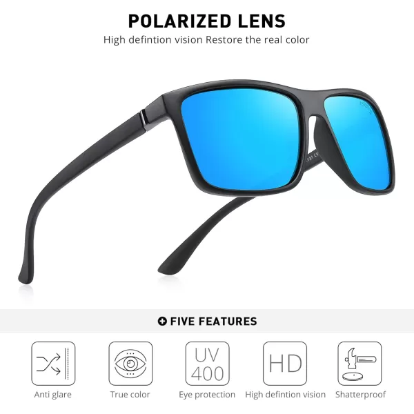 MERRYS Rectangular Polarized Sports Sunglasses for Men Women Cycling Driving Fishing UV400 Protection S8225Matte Black FrameBlack MetalBlue Mirror Lens