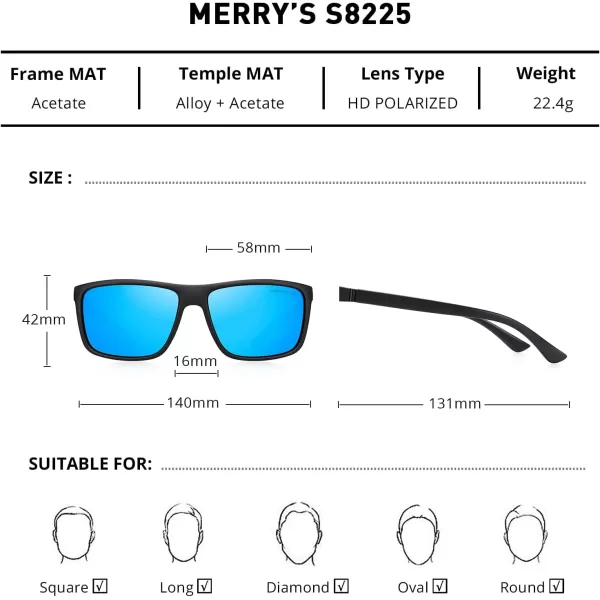 MERRYS Rectangular Polarized Sports Sunglasses for Men Women Cycling Driving Fishing UV400 Protection S8225Matte Black FrameBlack MetalBlue Mirror Lens