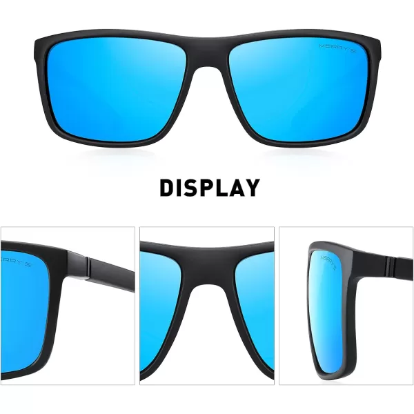 MERRYS Rectangular Polarized Sports Sunglasses for Men Women Cycling Driving Fishing UV400 Protection S8225Matte Black FrameBlack MetalBlue Mirror Lens