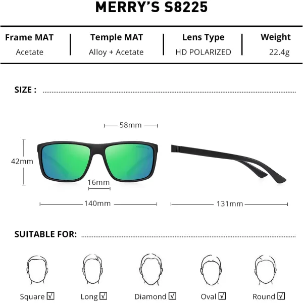 MERRYS Rectangular Polarized Sports Sunglasses for Men Women Cycling Driving Fishing UV400 Protection S8225Matte Black FrameBlack MetalGreen Mirror Lens