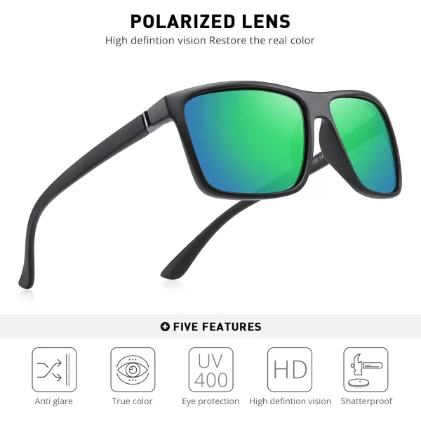 MERRYS Rectangular Polarized Sports Sunglasses for Men Women Cycling Driving Fishing UV400 Protection S8225Matte Black FrameBlack MetalGreen Mirror Lens