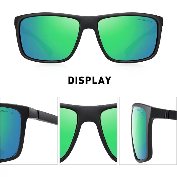 MERRYS Rectangular Polarized Sports Sunglasses for Men Women Cycling Driving Fishing UV400 Protection S8225Matte Black FrameBlack MetalGreen Mirror Lens