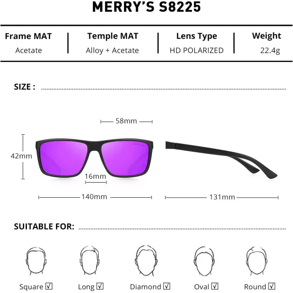 MERRYS Rectangular Polarized Sports Sunglasses for Men Women Cycling Driving Fishing UV400 Protection S8225Matte Black FrameBlack MetalPurple Mirror Lens