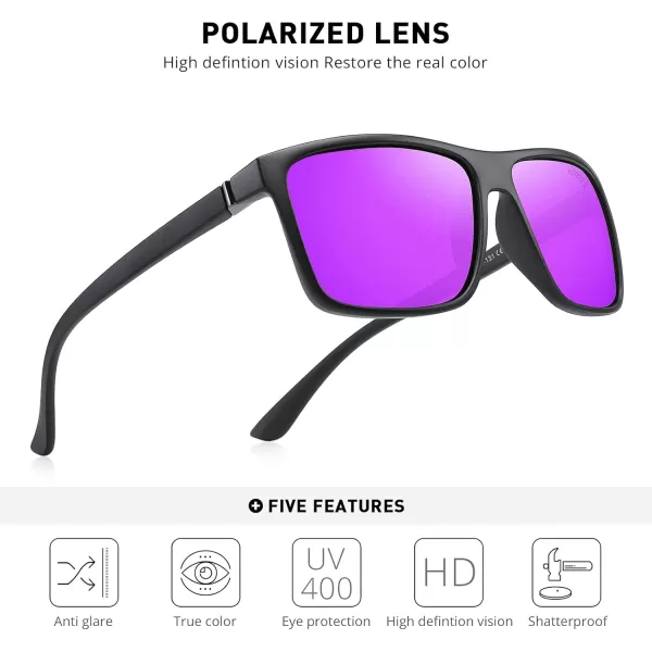 MERRYS Rectangular Polarized Sports Sunglasses for Men Women Cycling Driving Fishing UV400 Protection S8225Matte Black FrameBlack MetalPurple Mirror Lens