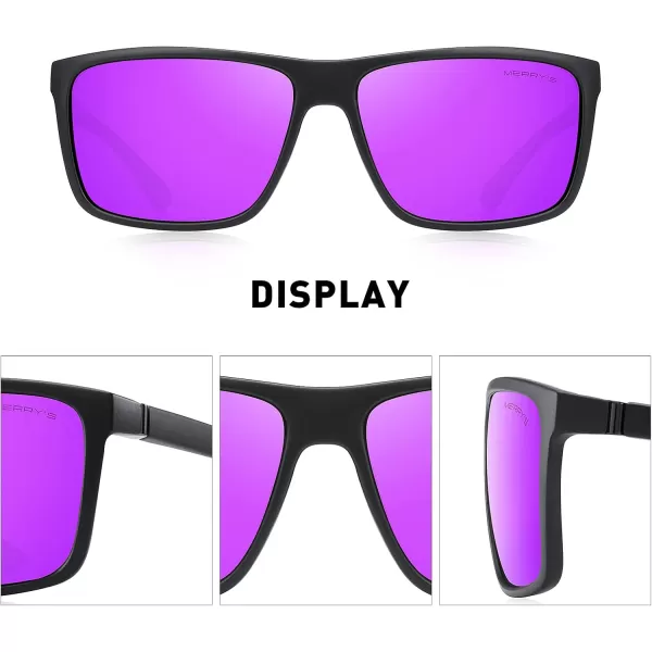 MERRYS Rectangular Polarized Sports Sunglasses for Men Women Cycling Driving Fishing UV400 Protection S8225Matte Black FrameBlack MetalPurple Mirror Lens
